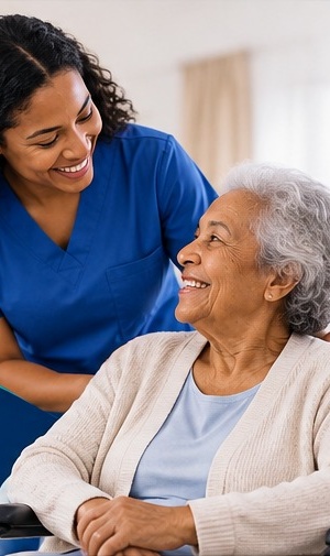 Caregiver warmly supporting an older adult at home